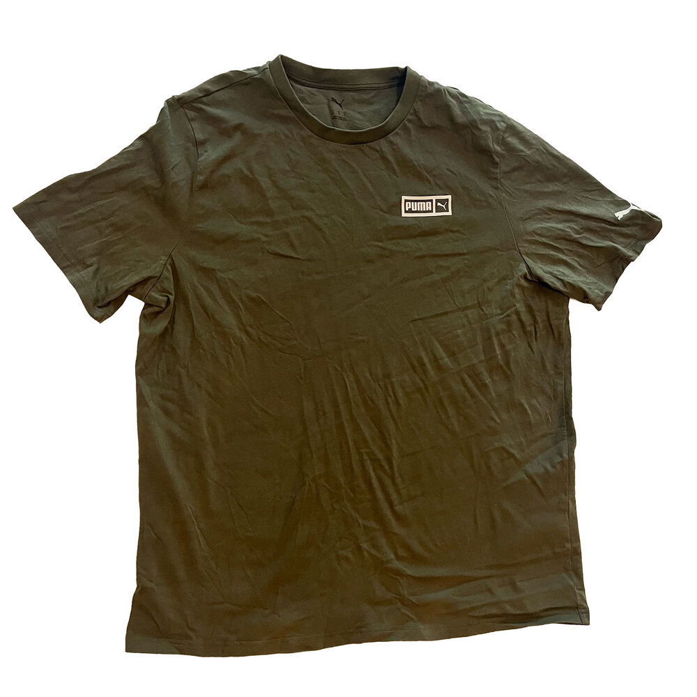 PUMA Men's XL Short Sleeve Graphic T-Shirt Olive Green Box Logo Crew Neck Tee